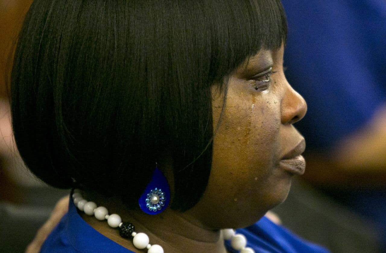 Ursula Ward, mother of victim Odin Lloyd, cries as Aaron Hernandez is found guilty of killing her son. (Dominick Reuter/AP/Pool)