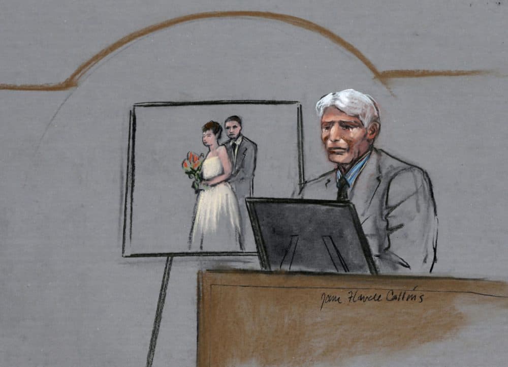 In this courtroom sketch, William Campbell, Jr., father of Boston Marathon bombing victim Krystle Campbell, is depicted on the witness stand during the first day of the penalty phase in the trial of Dzhokhar Tsarnaev. (Jane Flavell Collins/AP)