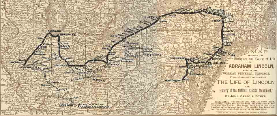 An 1889 map illustrates the journey of Lincoln's funeral cortege. (National Park Service)