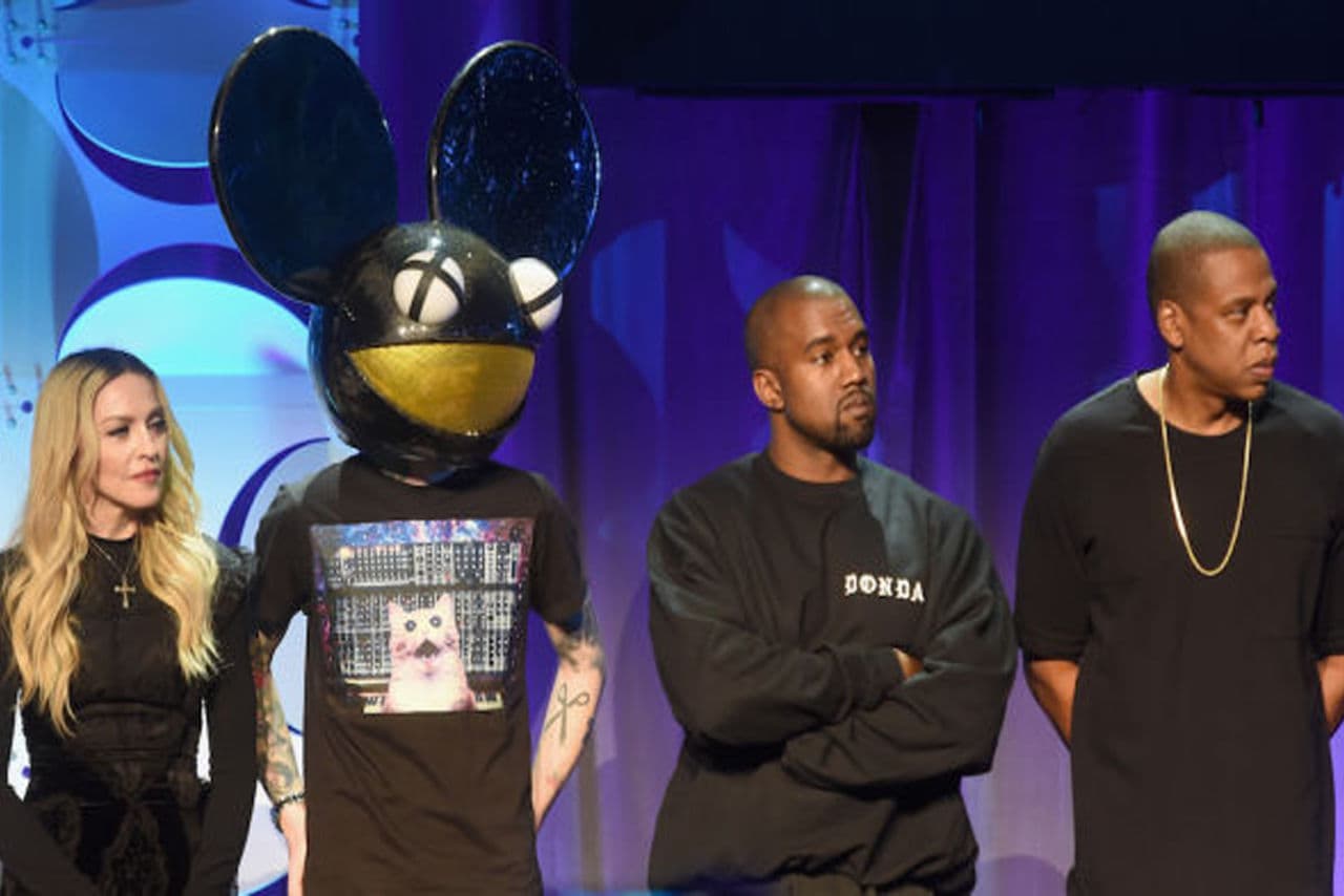 Madonna, Deadmau5, Kanye West and Jay Z at a press conference  announcing the debut of Tidal, an artist-owned music streaming service,  on Monday, March 30, 2015. (Courtesy Tidal)