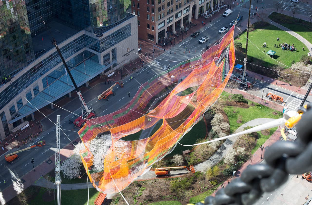 Janet Echelman's aerial sculpture seen from the 28th floor of One International Place. (Robin Lubbock/WBUR)