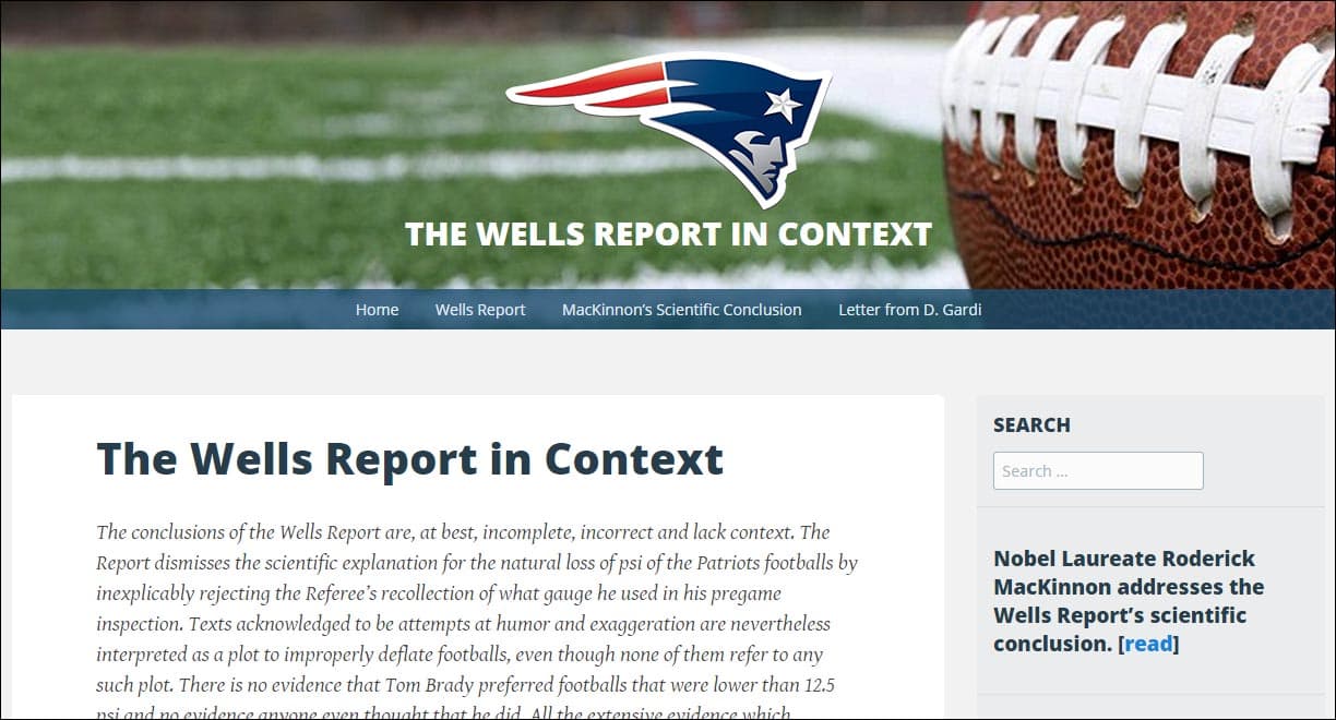 A screenshot of wellsreportcontext.com, where the Patriots have published a report of their own disputing the findings of the NFL's "DeflateGate" investigation.