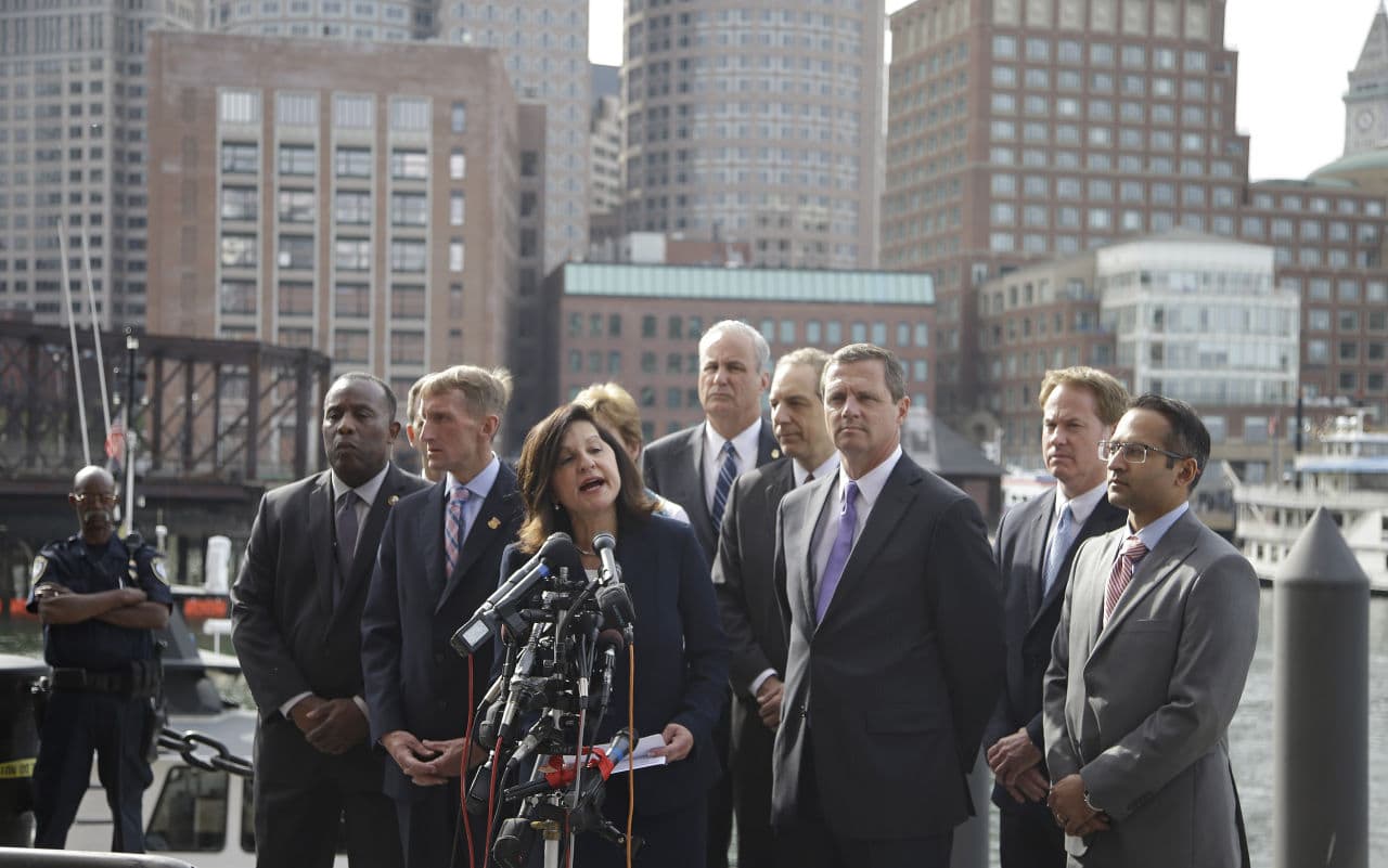 Carmen M. Ortiz, U.S. attorney for the District of Massachusetts, speaks to members of the media outside the U.S. courthouse Friday  May 15, 2015, in Boston. (Stephan Savoia/AP)