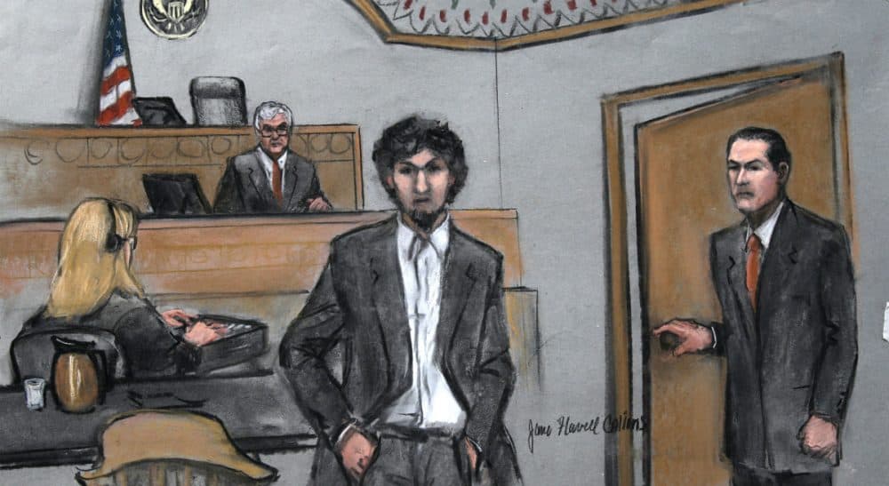 In this courtroom sketch, Boston Marathon bomber Dzhokhar Tsarnaev arrives in the courtroom at the Moakley Federal court house in the penalty phase of his trial in Boston, Friday, May 15, 2015. The federal jury ruled that the 21-year-old Tsarnaev should be sentenced to death for his role in the deadly 2013 attack. (Jane Flavell Collins/AP)