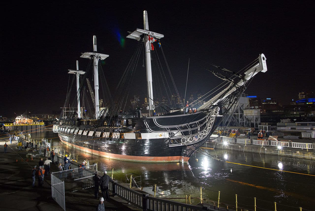 The USS Constitution arrives in place in dry dock where it will remain for over two years for repairs. (Robin Lubbock/WBUR)