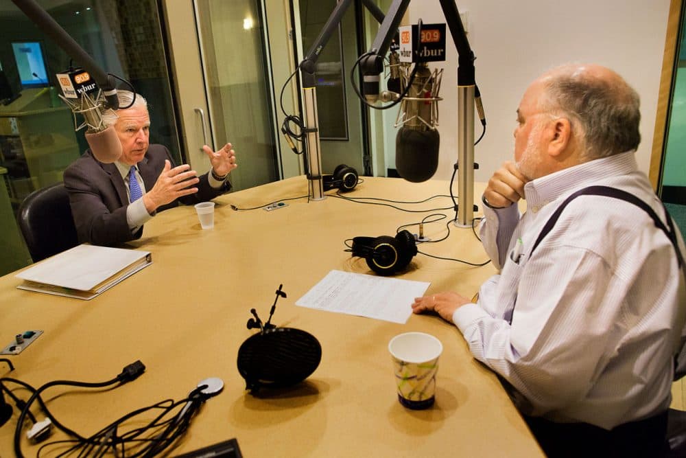 Incoming UMass President Marty Meehan, left, discusses his vision for the University of Massachusetts five-campus system with Morning Edition host Bob Oakes. (Jesse Costa/WBUR)