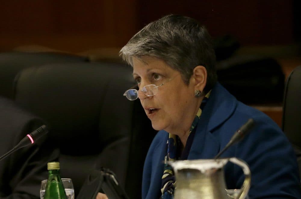University of California president Janet Napolitano speaks while giving a briefing on the progress she and Gov. Jerry Brown have made in ironing out their differences over UC's budget during a UC Board of Regents meeting in San Francisco, Wednesday, March 18, 2015. (Jeff Chiu/AP)