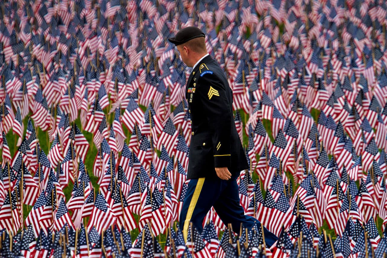 A soldier walks down a path looking at the 37,000 flags planted in the Boston Common by the Massachusetts Military Heroes Fund. (Jesse Costa/WBUR)