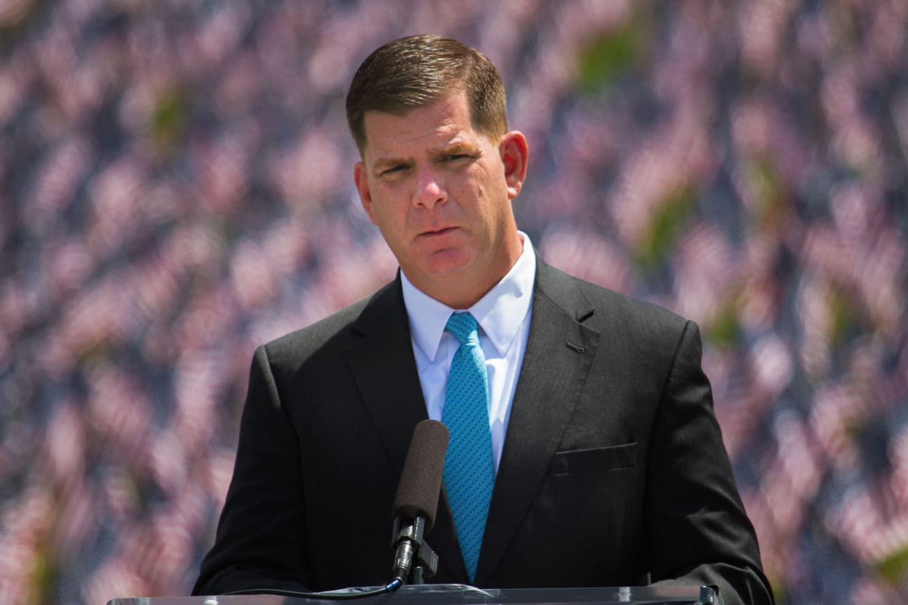 Boston Mayor Marty Walsh says a few words during the Massachusetts Military Heroes Fund ceremony at the Boston Common. (Jesse Costa/WBUR)