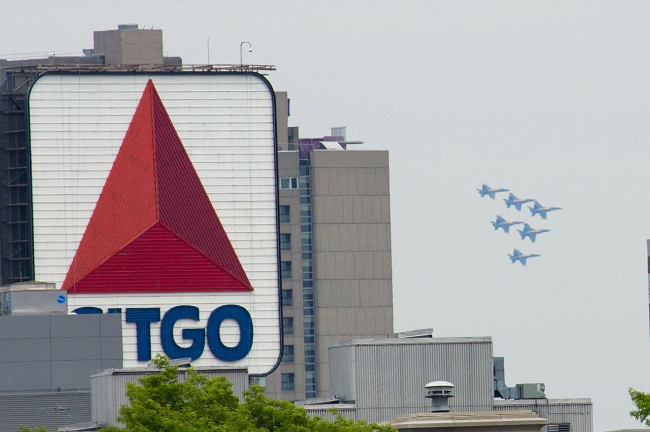The Navy's Blue Angels flew over the Boston Harbor and Fenway Park areas. (Jesse Costa/WBUR)