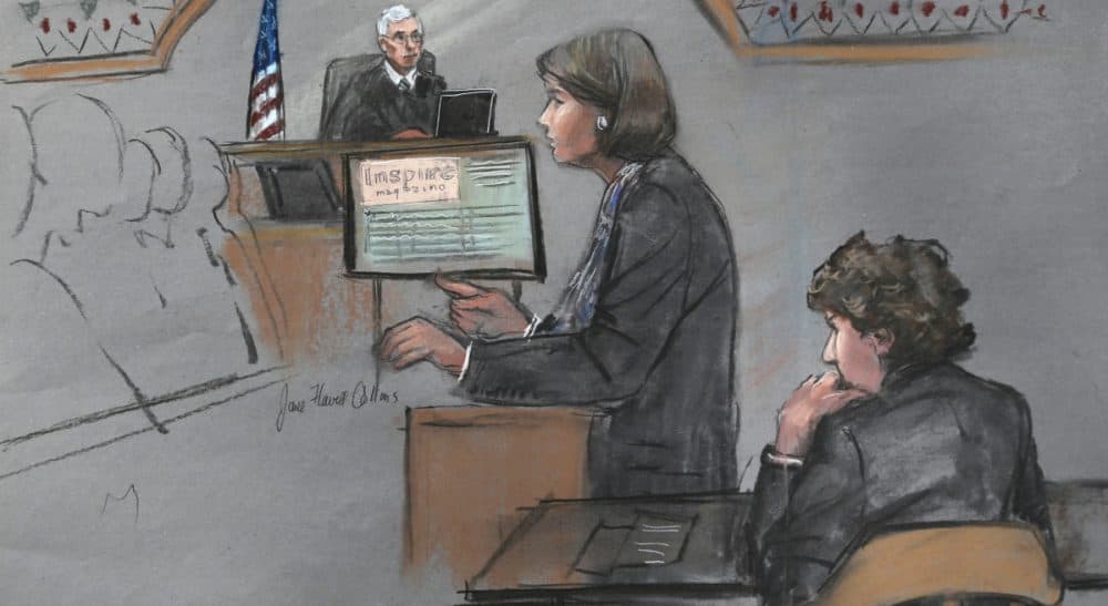 In this courtroom sketch, defense attorney Judy Clarke is depicted addressing the jury as defendant Dzhokhar Tsarnaev, right, sits during closing arguments in Tsarnaev's federal death penalty trial Monday, April 6, 2015, in Boston. (Jane Flavell Collins/AP)