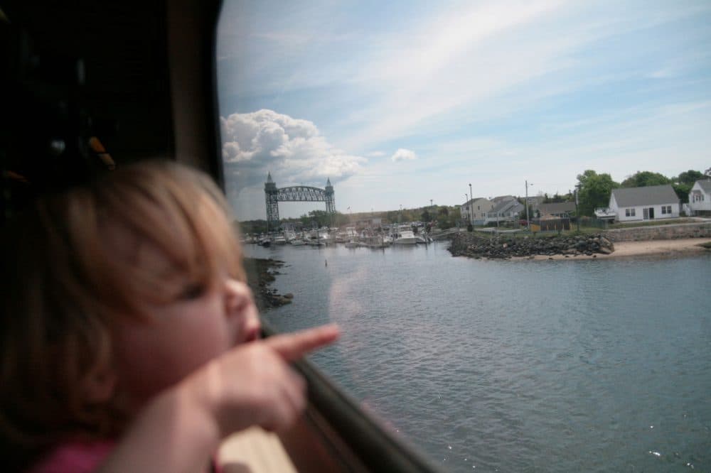 A CapeFLYER train rides into Buzzards Bay, with the Cape Cod Canal railroad bridge in the background. (BenFrantzDale/Flickr)