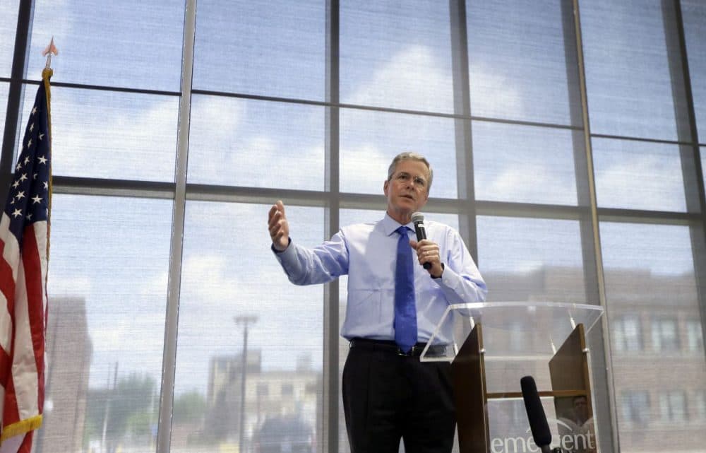 Former Florida Gov. Jeb Bush addresses employees at Emergent BioSolutions on May 28, 2015, in Lansing, Mich. (Carlos Osorio/AP)