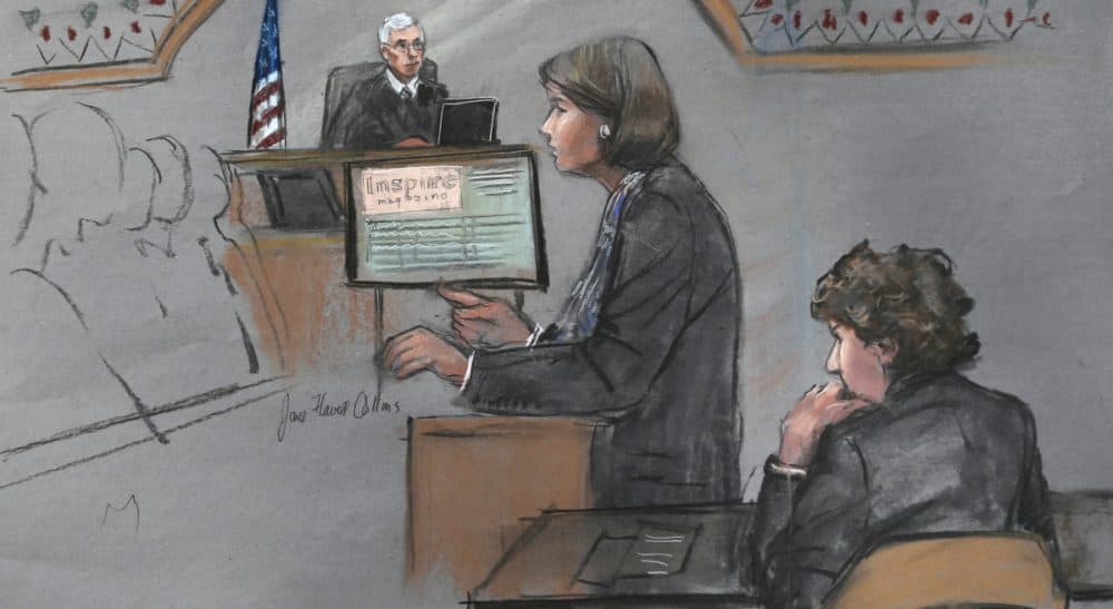 In this courtroom sketch, defense attorney Judy Clarke is depicted addressing the jury as defendant Dzhokhar Tsarnaev, right, sits during closing arguments in Tsarnaev's federal death penalty trial, Monday, April 6, 2015, in Boston. The federal jury ruled on Friday, May 15, that the 21-year-old Tsarnaev should be sentenced to death for his role in the deadly 2013 attack on the Boston Marathon. (Jane Flavell Collins/AP) 