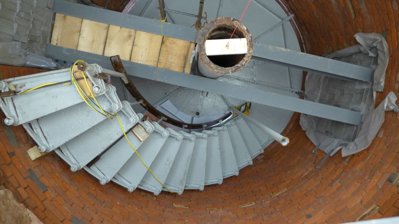 View from underneath the Gay Head Lighthouse on Martha's Vineyard, which completed its move inland Saturday, May 30, 2015. (Samuel Fleming/WBUR)