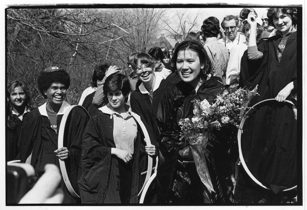 Helen Poon after her 1982 hooprolling victory. (courtsy Wellesley College Archives)