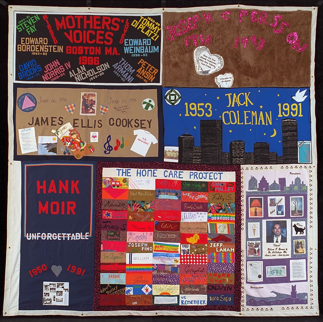 Missed/Loved,” writes the Mothers’ Voices of Boston in 1996 in this block of panels from the AIDS Quilt. The Jack Coleman panel appears to include the Boston skyline. (The Names Project)