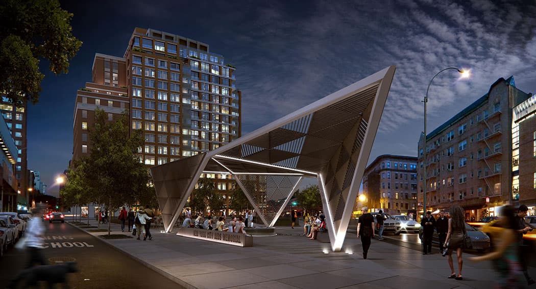A 2013 plan for the New York City AIDS Memorial calls for an 18-foot-tall steel canopy to be the gateway to a new St. Vincent's Hospital Park in the West Village neighborhood. (New York City AIDS Memorial)