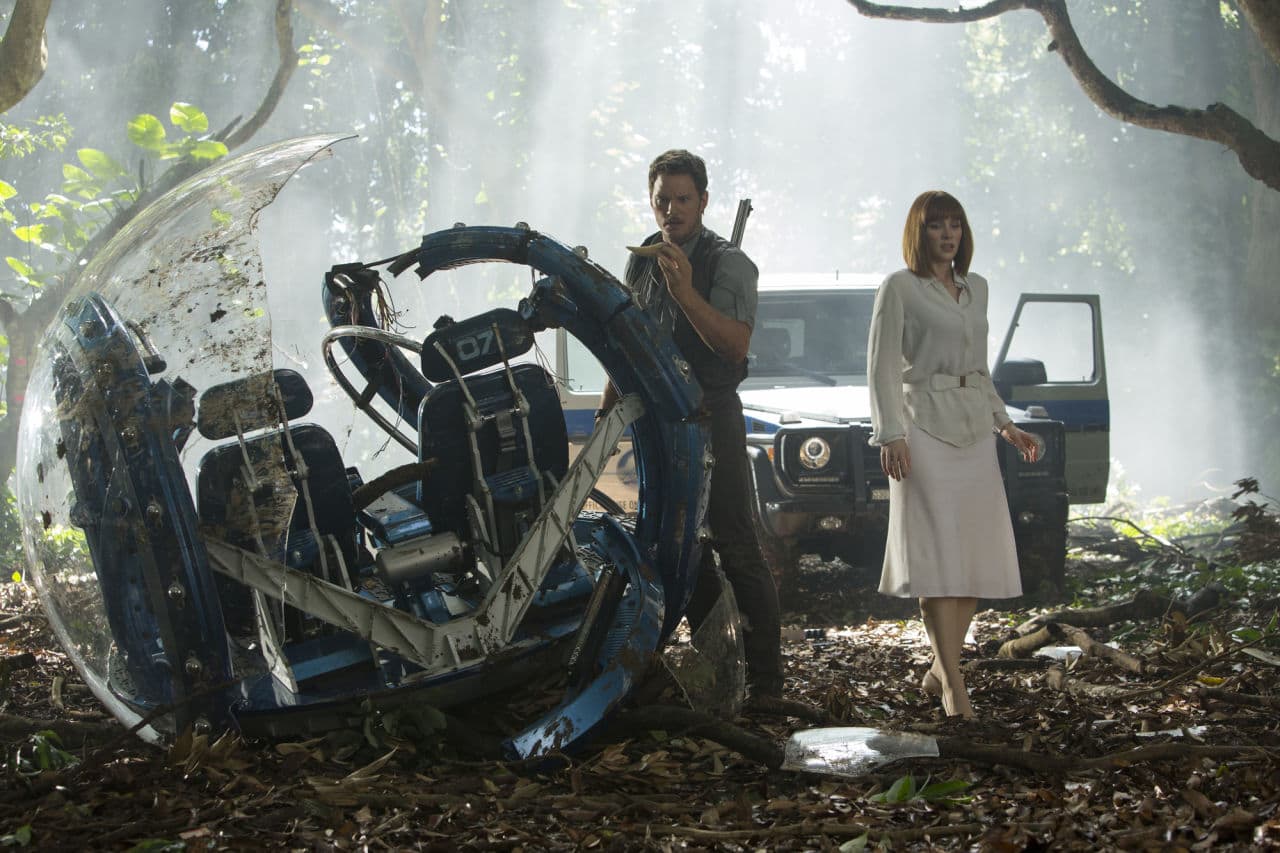 Chris Pratt and Bryce Dallas Howard are pictured in a film still from "Jurassic World." (Universal)