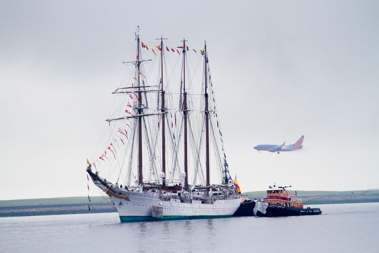 Spain's Juan Sebastian de Elcano, the third-largest tall ship in the world, will be docked at the Charlestown Navy Yard this week. (Jesse Costa/WBUR)