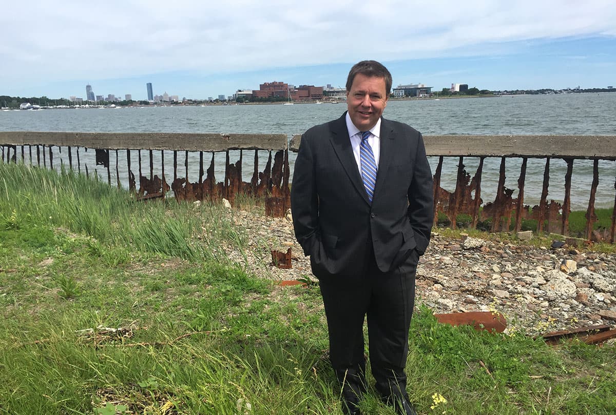 Quincy Mayor Tom Koch in Squantum Point Park, where the proposed beach volleyball stadium would be (Curt Nickisch/WBUR)