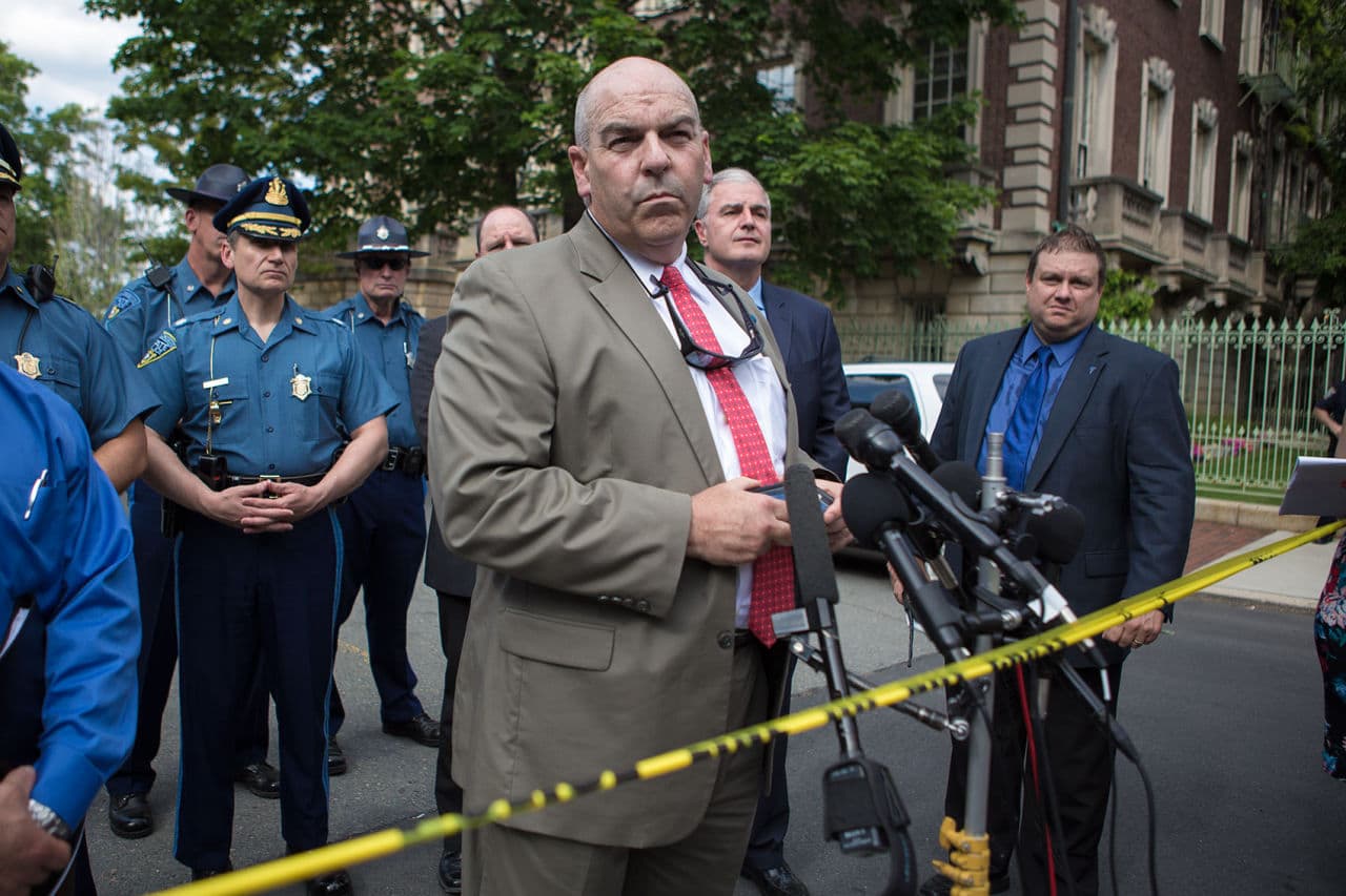 State Police Col. Timothy Alben briefs reporters about the shooting. (Jesse Costa/WBUR)