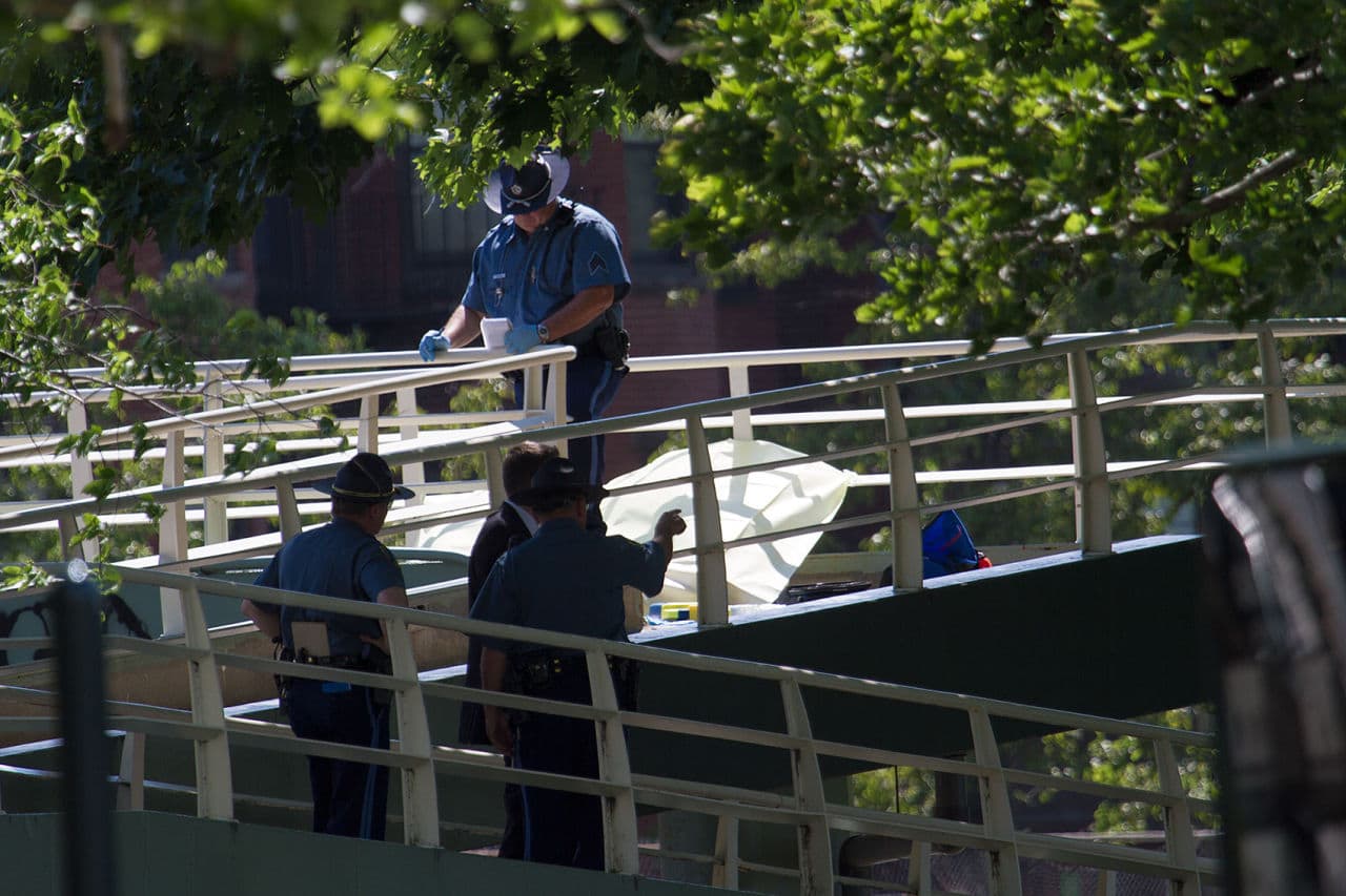 A state trooper stands by the scene of a fatal officer-involved shooting Friday afternoon, on the Silber Footbridge over Storrow Drive near Boston University (Jesse Costa/WBUR)