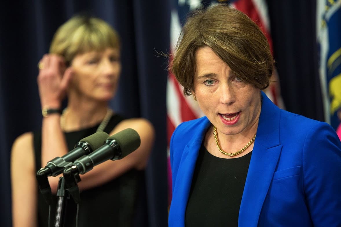 Attorney General Maura Healey speaks during a press conference at the State House in June. (Jesse Costa/WBUR)