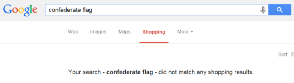 A search for Confederate flags in Google Shopping on June 24, 2015, did not match any shopping results. (Screenshot)
