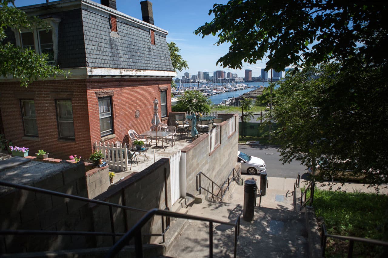 A view of the waterfront from the walkway between Ruth and Marginal streets in the fast-developing Jeffries Point section of East Boston (Jesse Costa/WBUR)