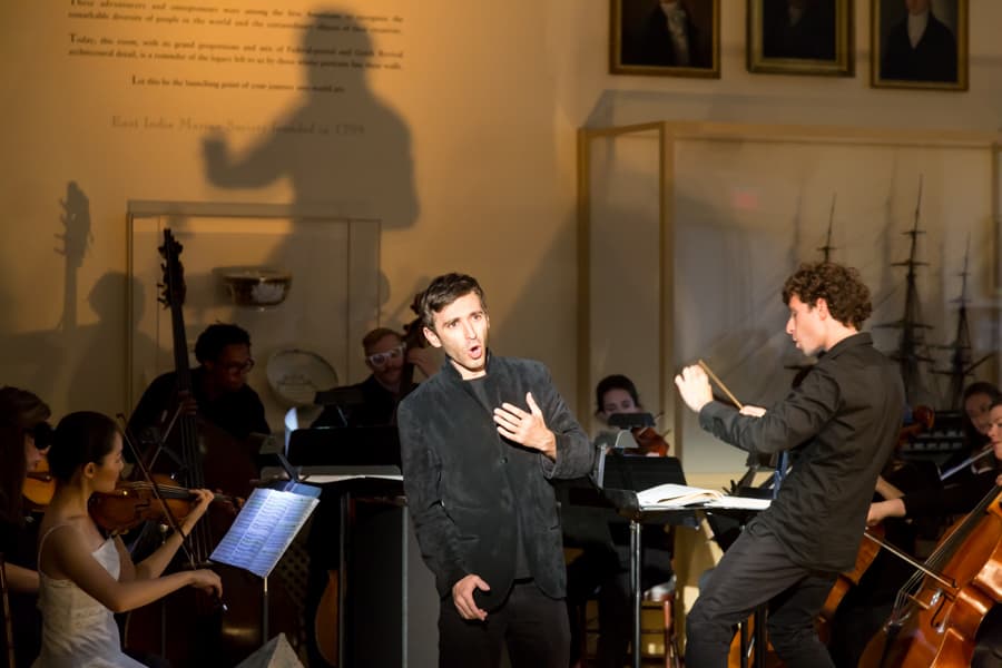 Composer-in-residence Matthew Aucoin and countertenor Anthony Roth Constanzo performing at Peabody Essex Museum. (Kathy Tarantola/Peabody Essex Museum)