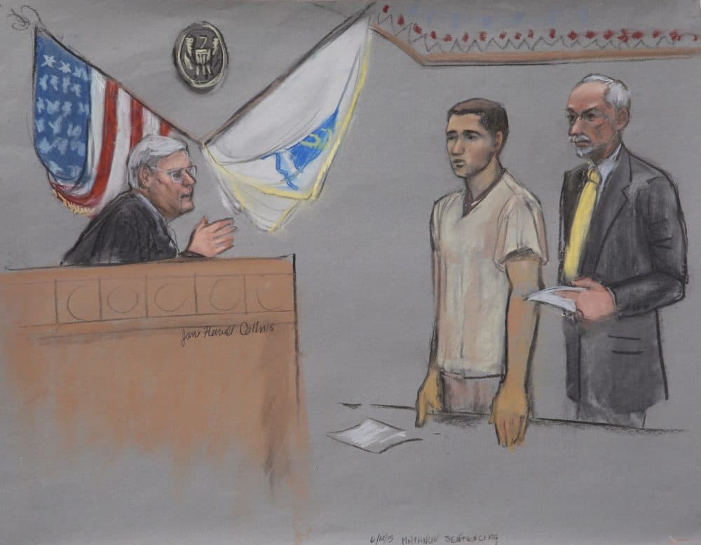 In this courtroom sketch, Khairullozhon Matanov is depicted during his sentencing in federal court in Boston Thursday. (Jane Flavell Collins/AP)