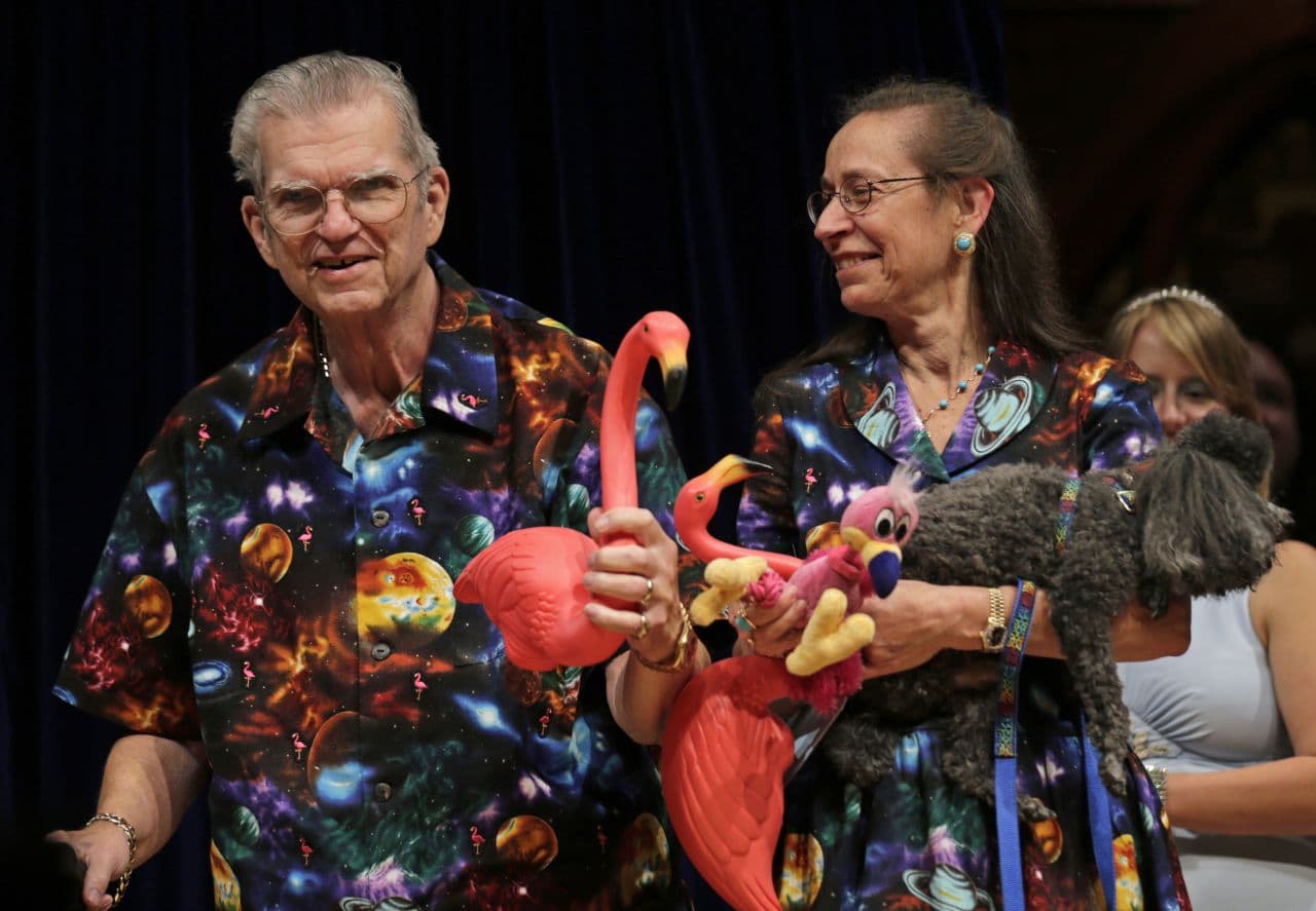Artist Don Featherstone, with his wife Nancy, at Harvard University in 2012. (Charles Krupa/AP)