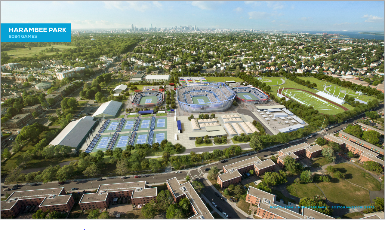 A rendering of what Harambee Park in Dorchester would look like during the 2024 Olympics, should Boston win the bid. (Courtesy Boston 2024)