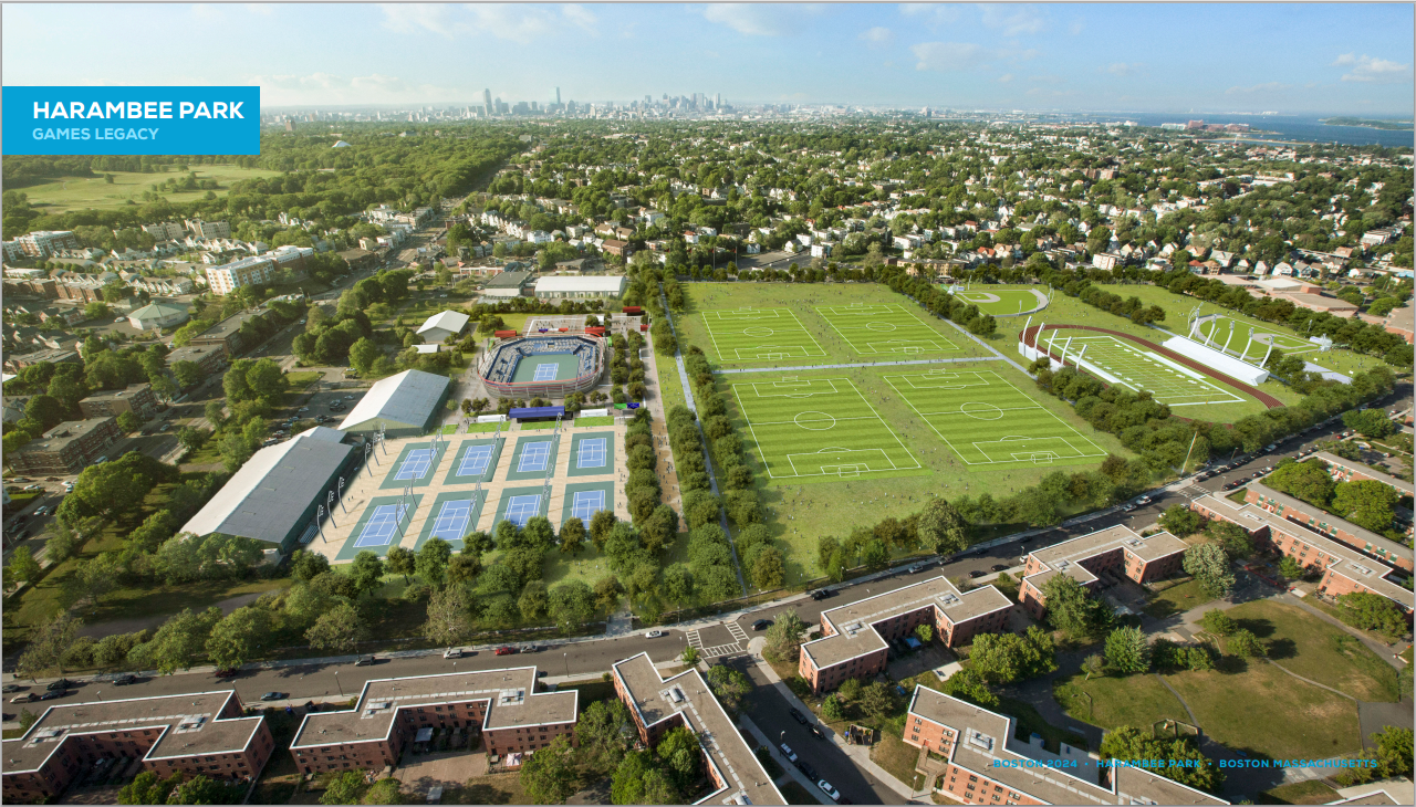 A rendering of what Harambee Park in Dorchester would look like after the 2024 Olympics, should Boston win the bid. (Courtesy Boston 2024)