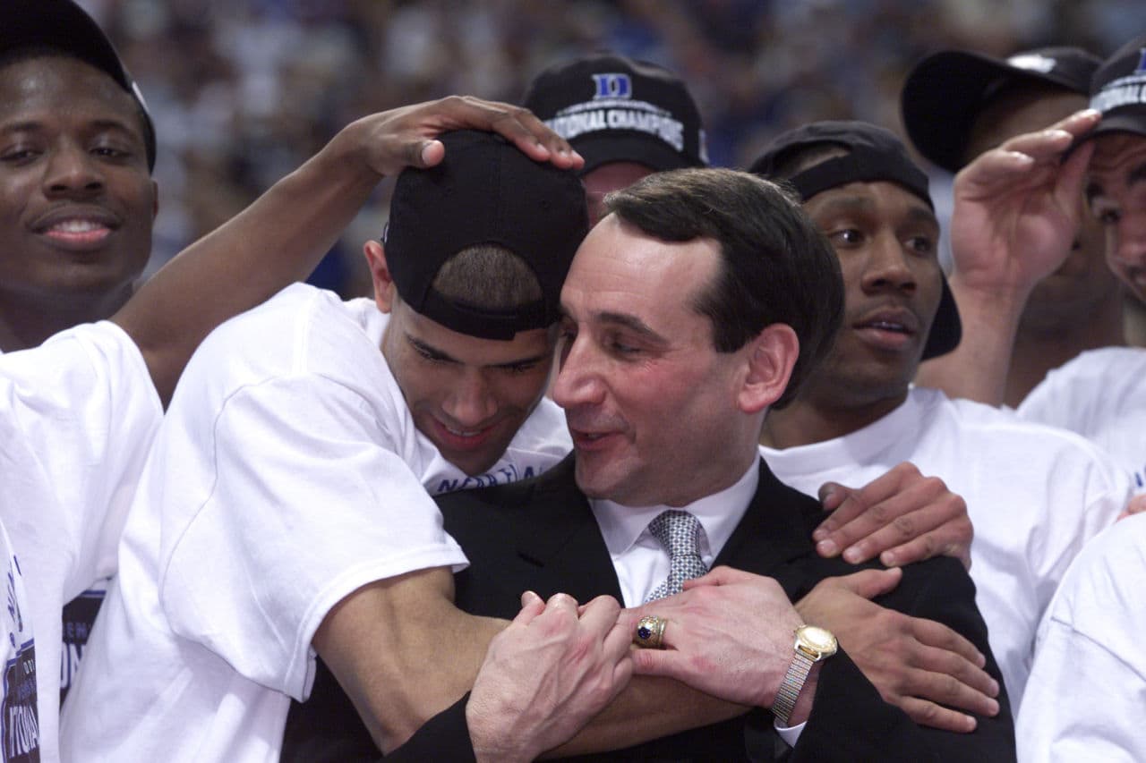 Battier and Coach K took home the National Championship in 2001. (Brian Bahr/AllSport/Getty Images)