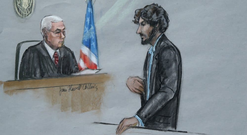 Amée LaTour: &quot;Dzhokhar Tsarnaev...can now serve as a cautionary example to others: The resolve of ideology dissolves in the face of the concrete harm it attempts to legitimate.&quot; Pictured: In this courtroom sketch, Tsarnaev stands before U.S. District Judge George O'Toole Jr. as he addresses the court during his sentencing, Wednesday, June 24, 2015, in federal court in Boston. Tsarnaev apologized to the victims and their loved ones for the first time, just before the judge formally sentenced him to death. (Jane Flavell Collins/AP)