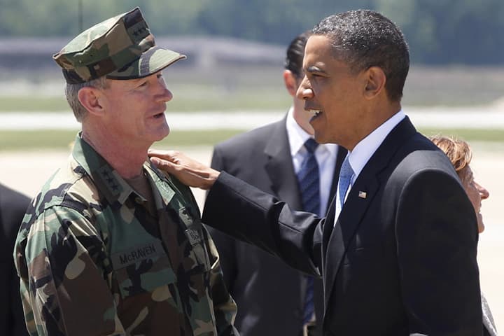In this May 6, 2011, file photo President Barack Obama talks with U.S. Navy Vice Admiral William H. McRaven, commander of Joint Special Operations Command (JSOC), at Campbell Army Airfield in Fort Campbell, Ky., just days after McRaven led operational control of Navy SEAL Team Six's successful mission to get Osama bin Laden. (AP)