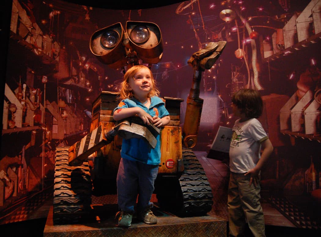 Larger than life-sized statues of Pixar characters—like Wall-E—are a highlight of the exhibit. (Greg Cook)