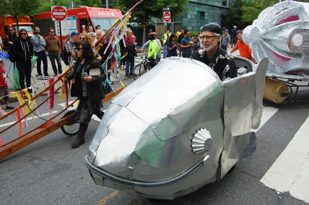 This was built in 2001 for a Bikes Not Bombs auction,” Bill Turville said of the “Fish Bike” that he rode in today’s race. “The bike was contributed by Bikes Not Bombs. I built the fish around it. It was sold, but it eventually made its way back to me.” (Greg Cook/WBUR)
