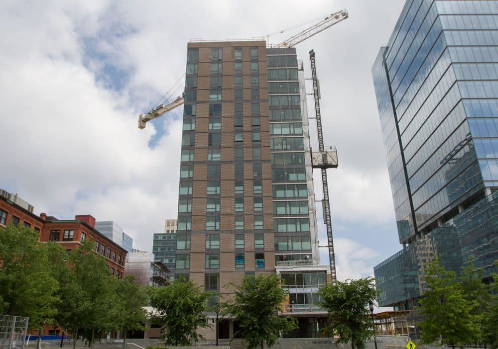 The Watermark Seaport, a residential building, is currently under construction. (Hadley Green for WBUR).