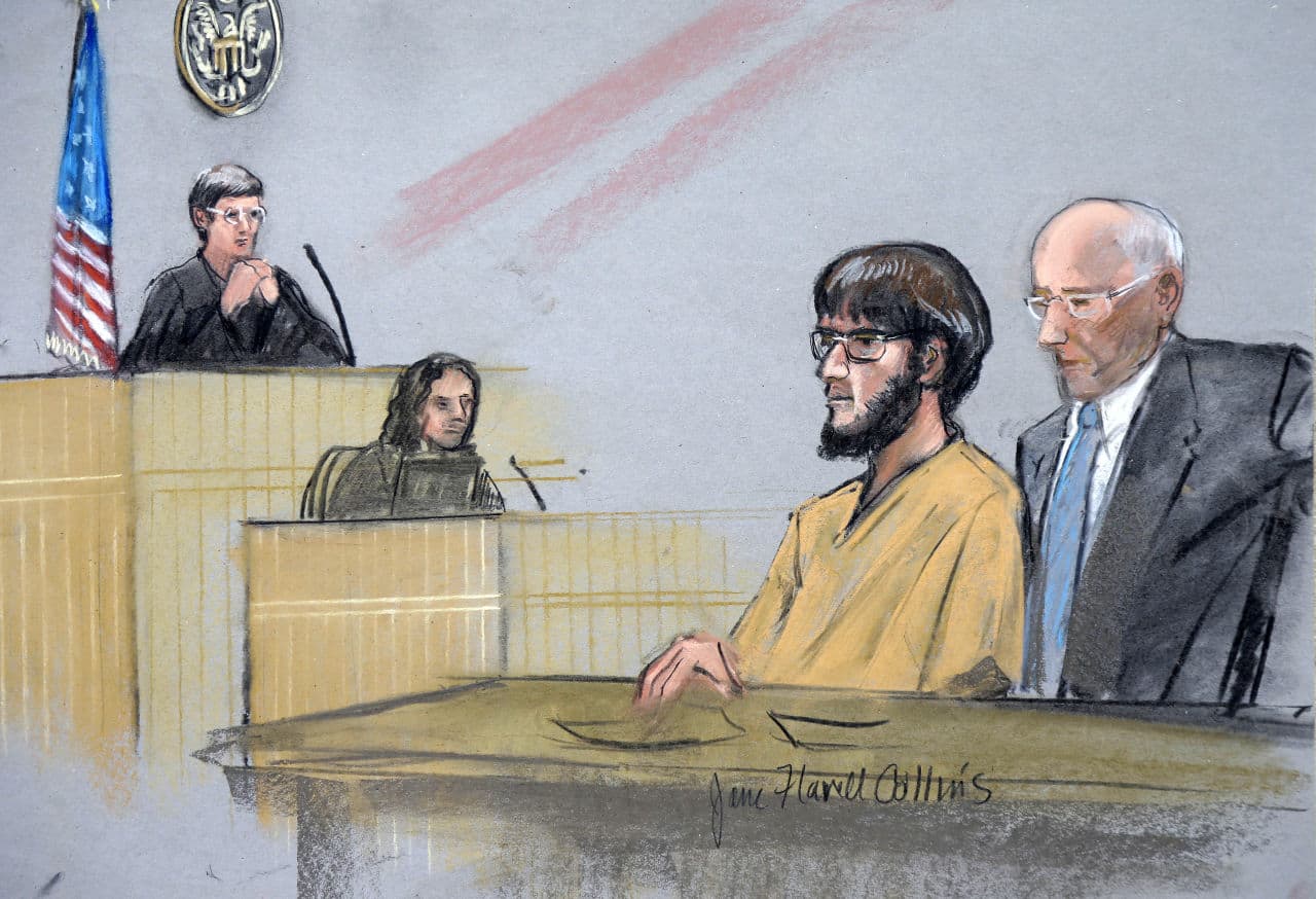 In this courtroom sketch, Alexander Ciccolo, second from right, is depicted with his attorney David Hoose, right, during a bail hearing Tuesday, July 14, 2015, in federal court in Springfield, Mass. (Jane Flavell Collins via AP)