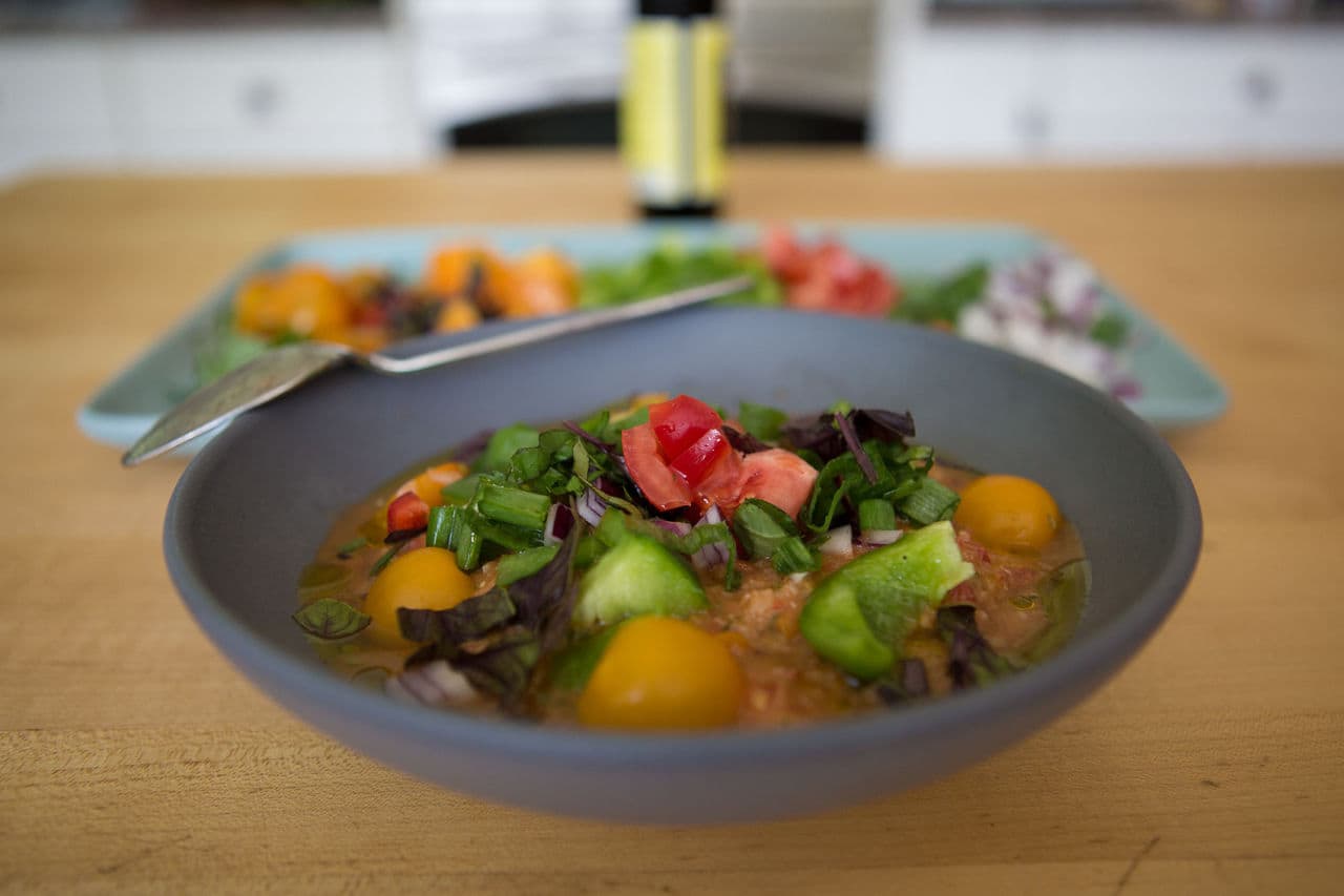 Serve Kathy's gazpacho with a green salad and crusty bread and olive oil. (Jesse Costa/WBUR)