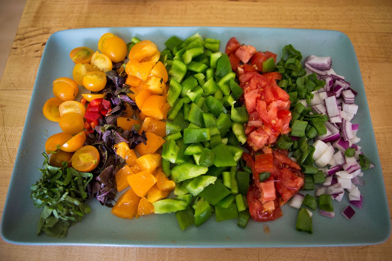 A tray of ingredients for Kathy's gazpacho. (Jesse Costa/WBUR)