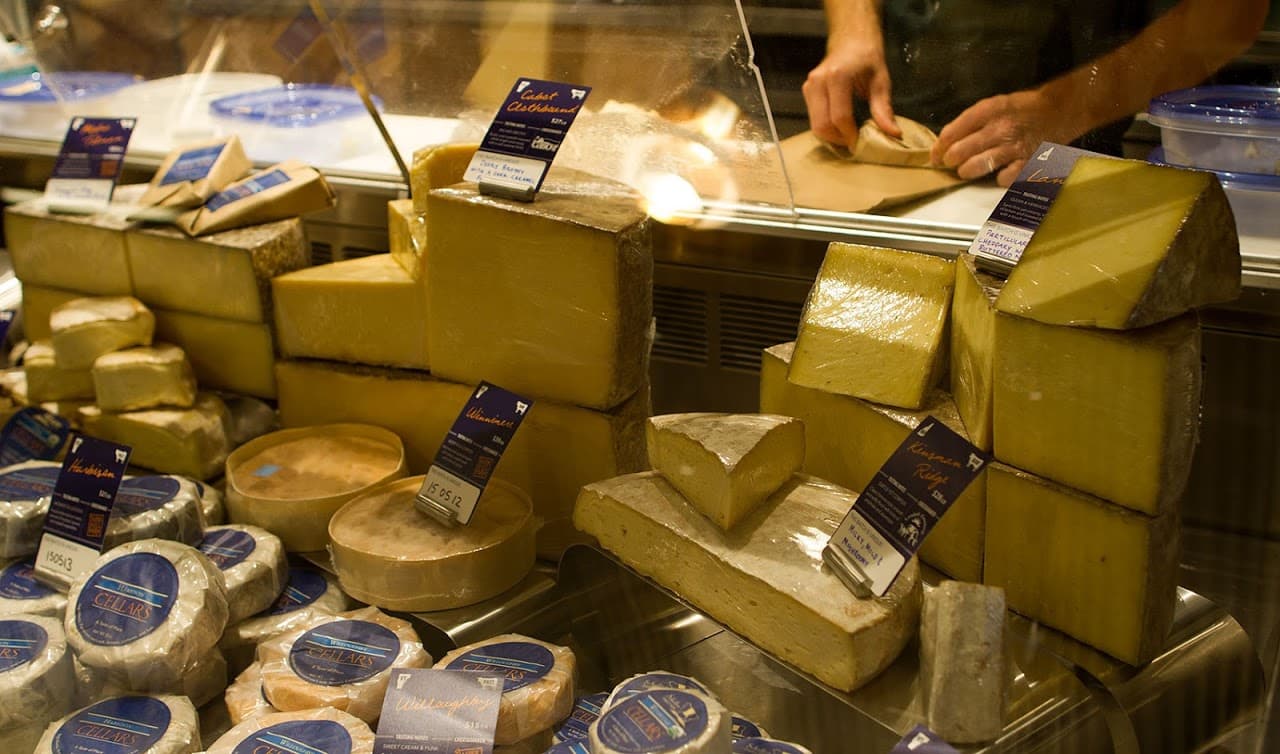 A selection of cheeses for sale from Jasper Hill Farm at the Boston Public Market (Hadley Green for WBUR)