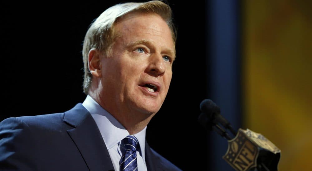 In this Thursday, April 30, 2015 file photo, NFL commissioner Roger Goodell speaks during the first round of the 2015 NFL Football Draft in Chicago. (Charles Rex Arbogast/AP)