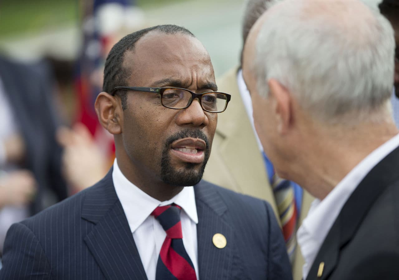 National Association for the Advancement of Color People (NAACP) President and CEO Cornell William Brooks, left, talks with Larry Cohen, president of the Communications Workers of America (CWA), following a news conference announcing NAACP's Journey for Justice on June 15. (Pablo Martinez Monsivais/AP)
