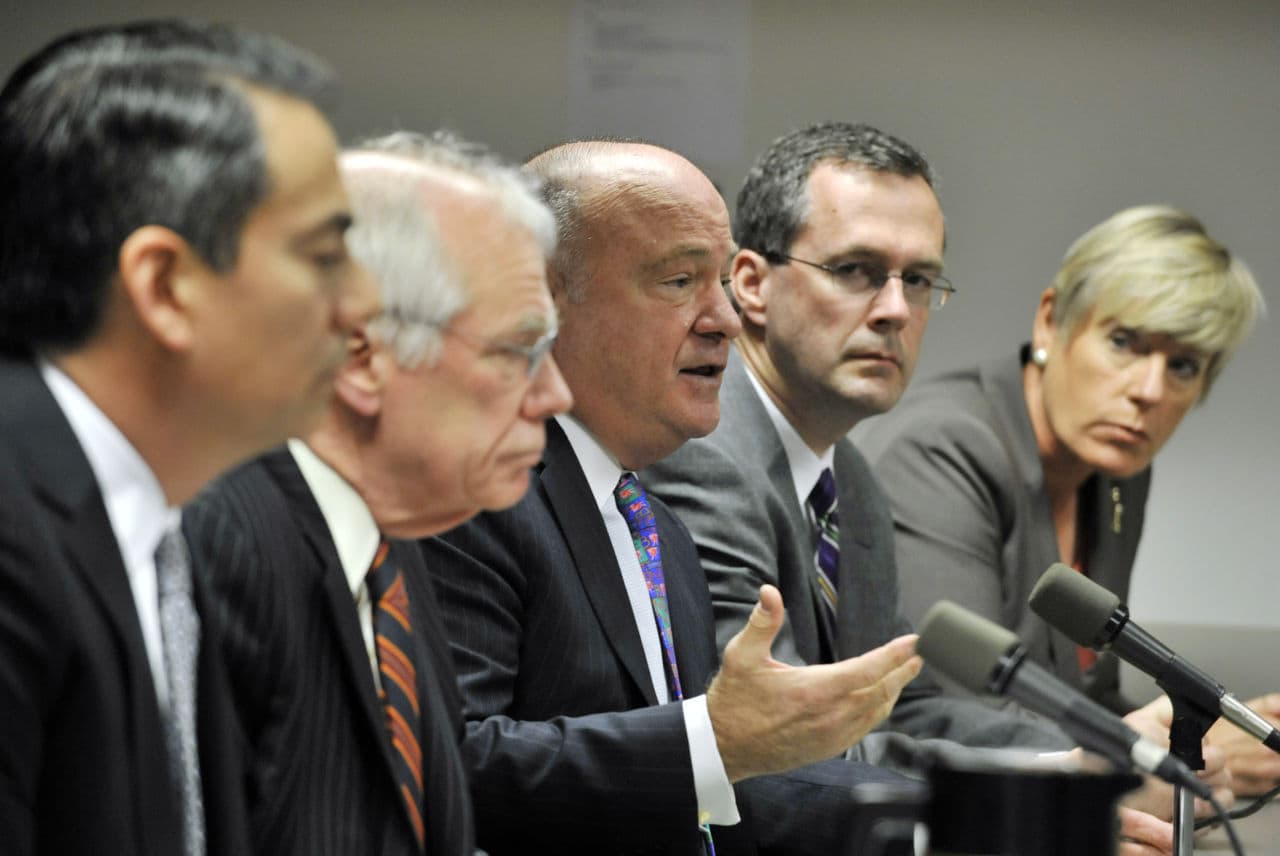 Members of the five-person Massachusetts Gaming Commission on March 20, 2012. From left: Enrique Zuniga, James F. McHugh, Chairman Steve Crosby, Bruce Stebbins and Gayle Cameron.  (Josh Reynolds/AP)
