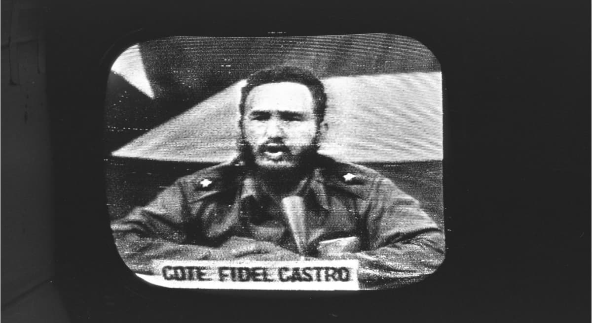 Cuban Prime Minister Fidel Castro replies to President Kennedy's naval blockade over Cuban radio and television as seen on a television monitor at Key West, Fla., Oct. 23, 1962. (Eugene Hoshiko/AP)