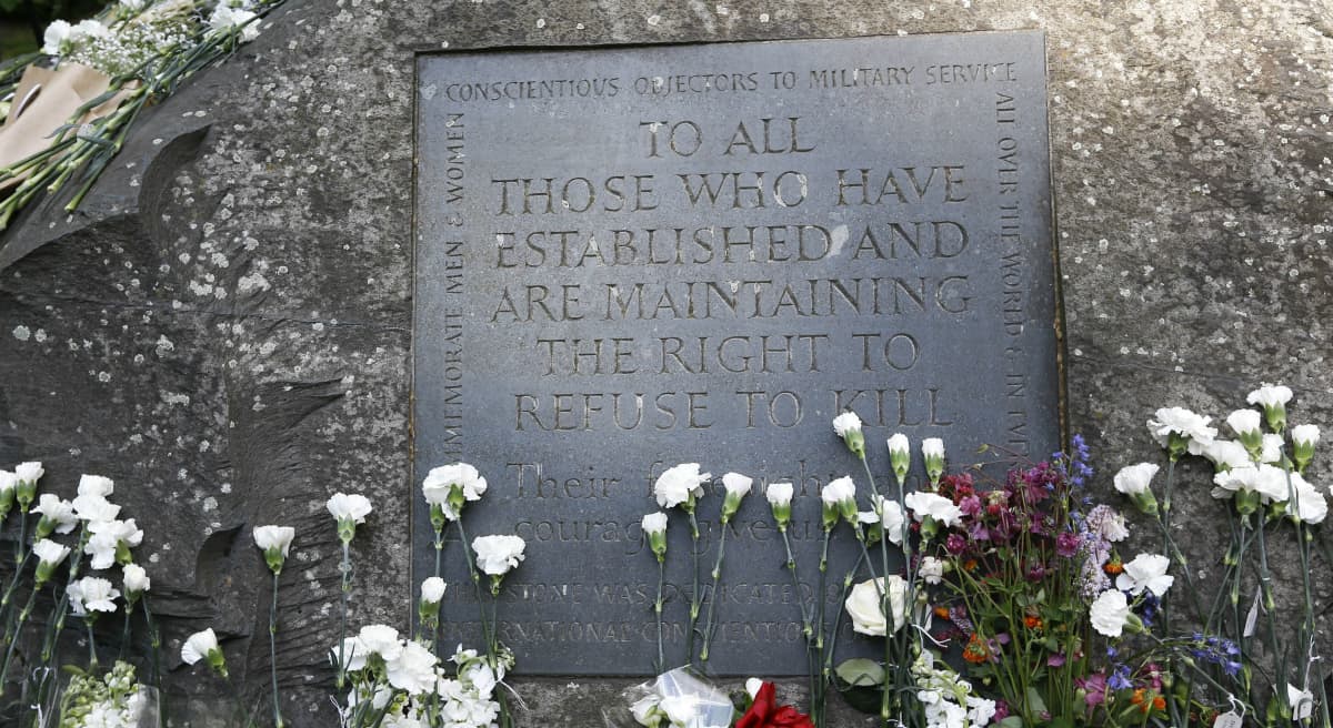 Pictured: The Conscientious Objectors' Stone in London's Tavistock Square, (Kirsty Wigglesworth/AP)